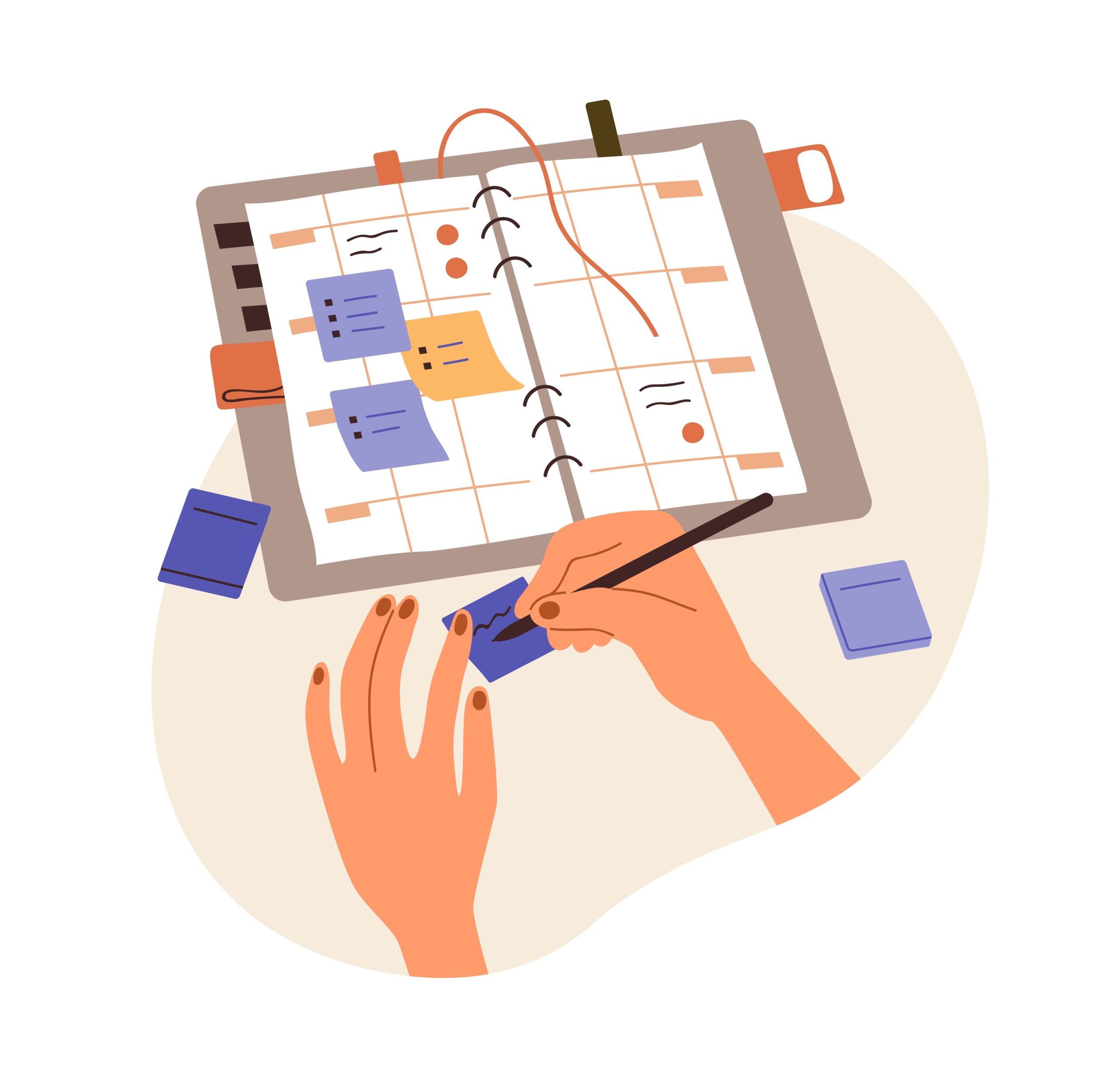 Writing plans on sticky memo notes, making schedule in paper planner, notebook. Hands with pen and personal timetable, reminders in organizer. Flat vector illustration isolated on white background.