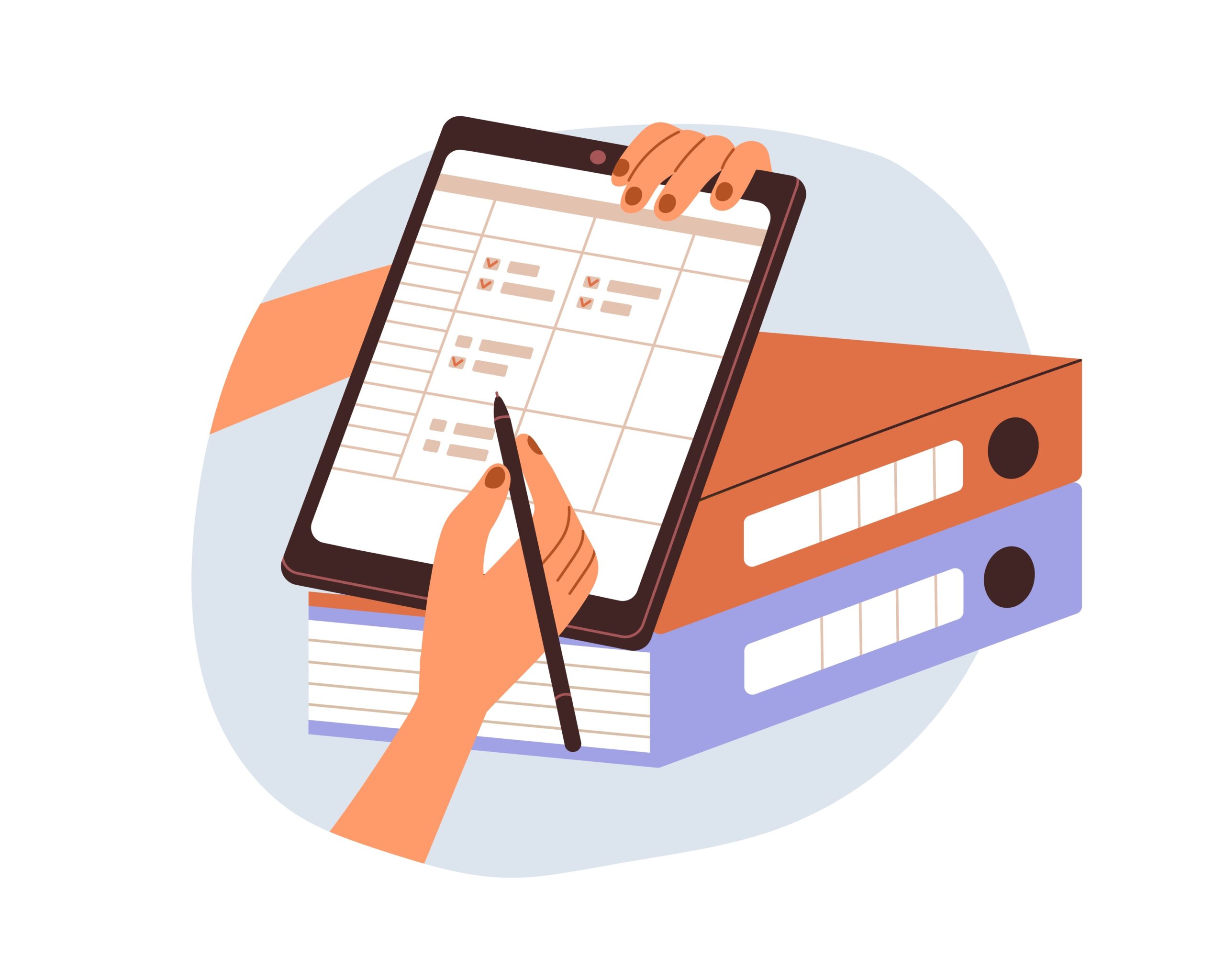 Hand with business document on clipboard, office folders, filling employee survey form. Holding paper at work, writing, ticking checkboxes. Flat vector illustration isolated on white background.