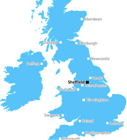 A simplified map of the UK with major cities pinned on it